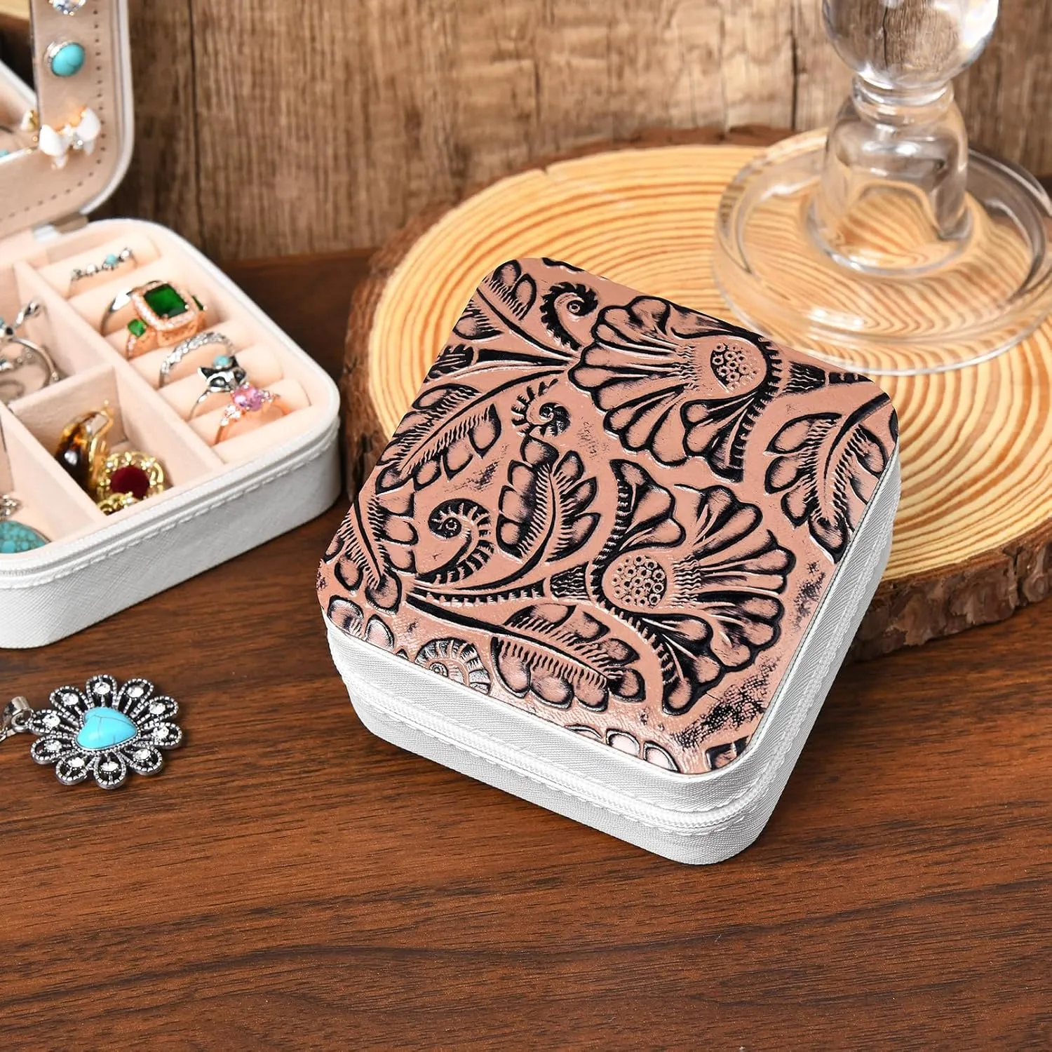 DEEKA Western Jewelry Box Case Real Leather Brown Embossed Tooled Travel Jewelry Organizer Gifts Christmas Gifts for Women Country Girls Cowgirl Stuff Portable Travel Accessories -Brown