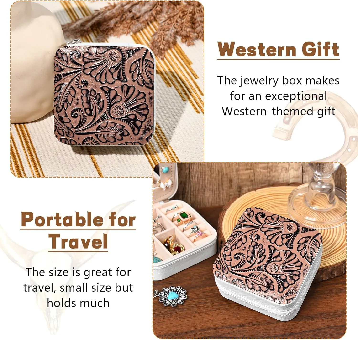 DEEKA Western Jewelry Box Case Real Leather Brown Embossed Tooled Travel Jewelry Organizer Gifts Christmas Gifts for Women Country Girls Cowgirl Stuff Portable Travel Accessories -Brown