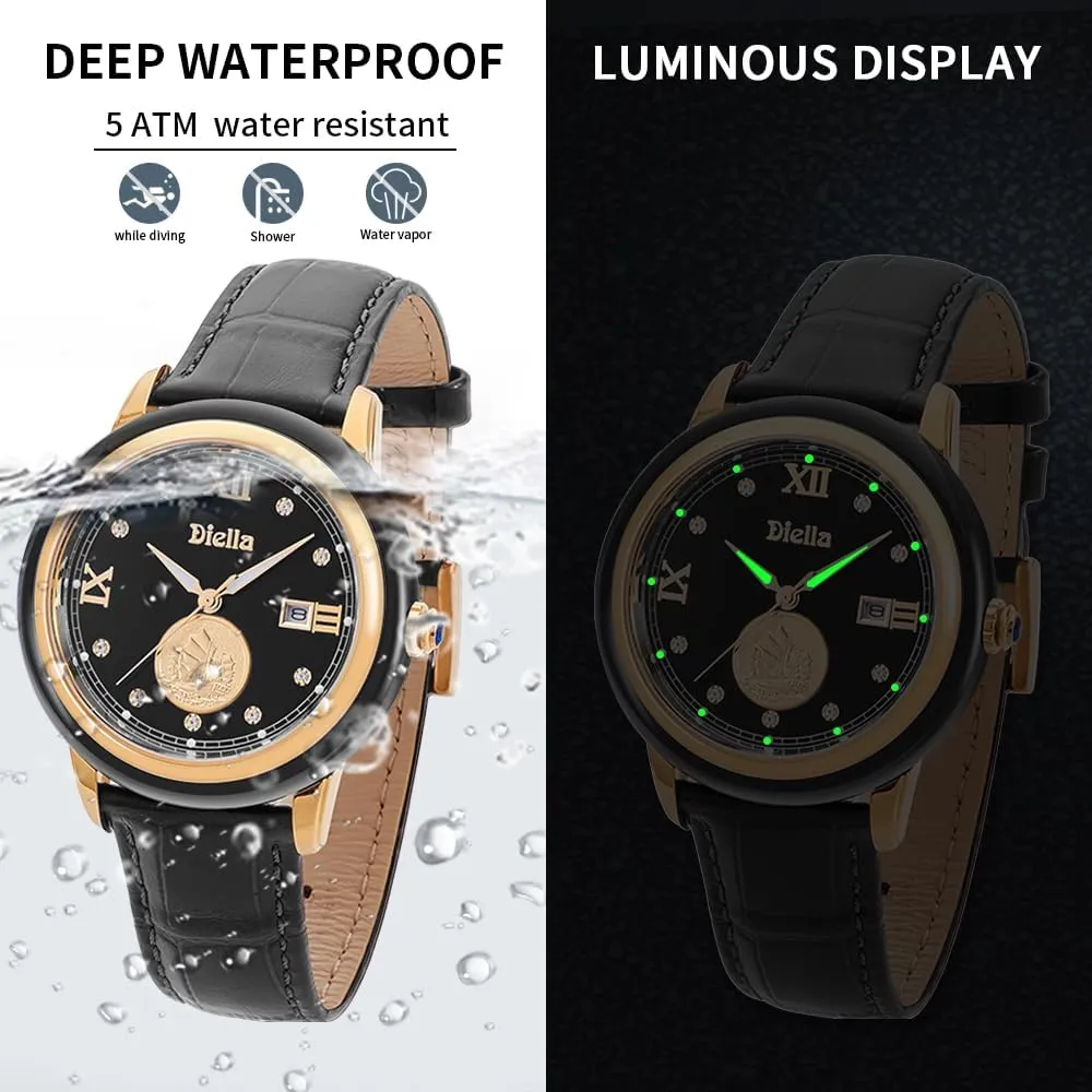 Diella Original Watches for Men with Japanese Movement, Luminous, Waterproof, Men's Ceramics Dress Watch, Genuine Leather Band, Analog Quartz Casual Men's Wrist Watch
