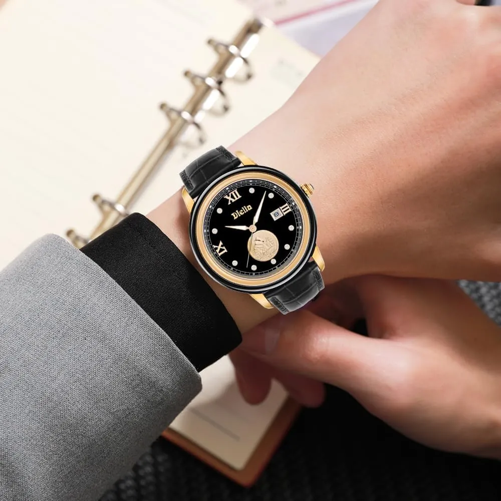 Diella Original Watches for Men with Japanese Movement, Luminous, Waterproof, Men's Ceramics Dress Watch, Genuine Leather Band, Analog Quartz Casual Men's Wrist Watch