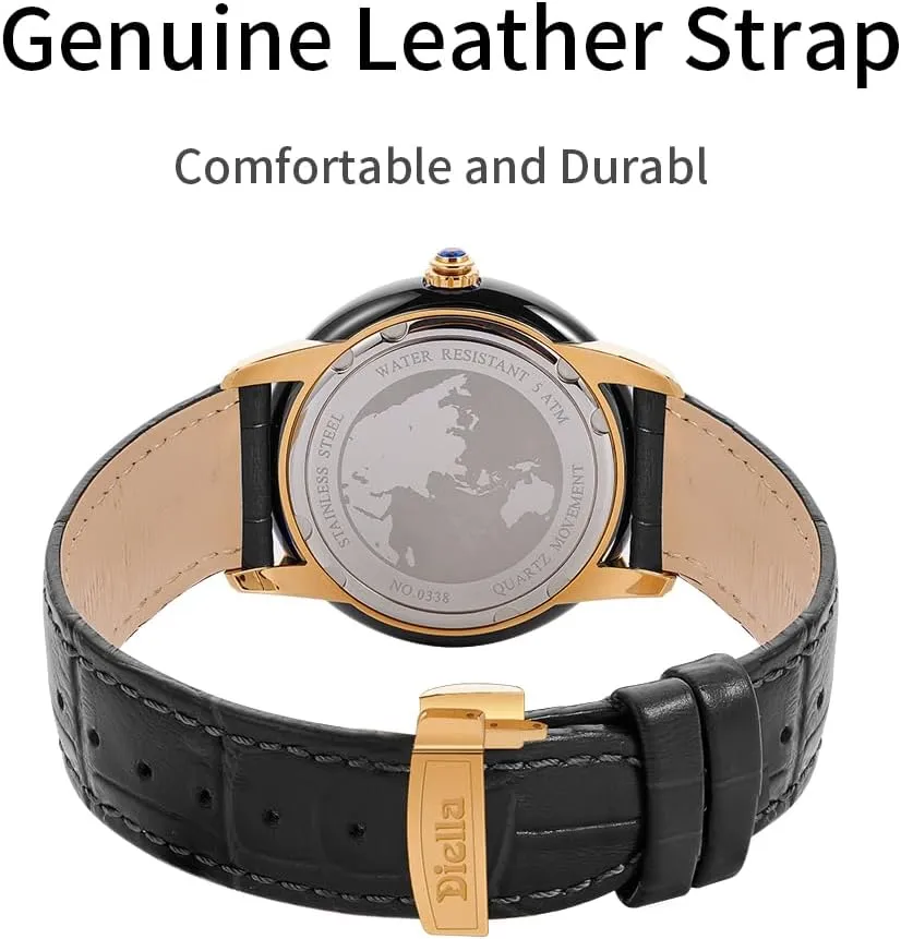 Diella Original Watches for Men with Japanese Movement, Luminous, Waterproof, Men's Ceramics Dress Watch, Genuine Leather Band, Analog Quartz Casual Men's Wrist Watch
