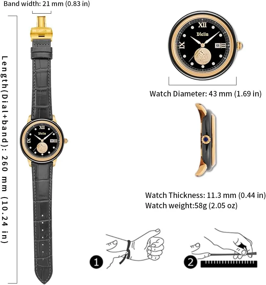 Diella Original Watches for Men with Japanese Movement, Luminous, Waterproof, Men's Ceramics Dress Watch, Genuine Leather Band, Analog Quartz Casual Men's Wrist Watch
