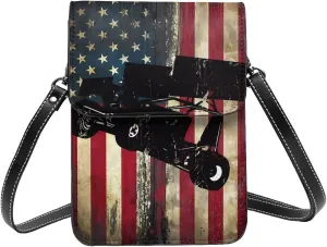 Dirt Track Racing American Flag Leather Crossbody Phone Purse for Women Cute Wallet Bags Lightweight Mini Sling Bag