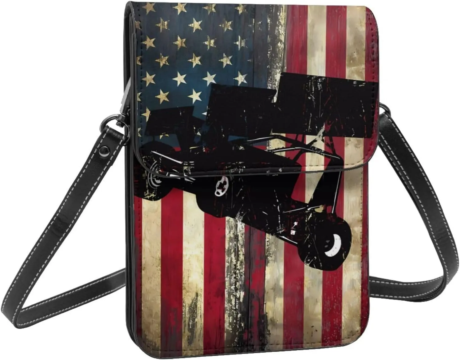 Dirt Track Racing American Flag Leather Crossbody Phone Purse for Women Cute Wallet Bags Lightweight Mini Sling Bag
