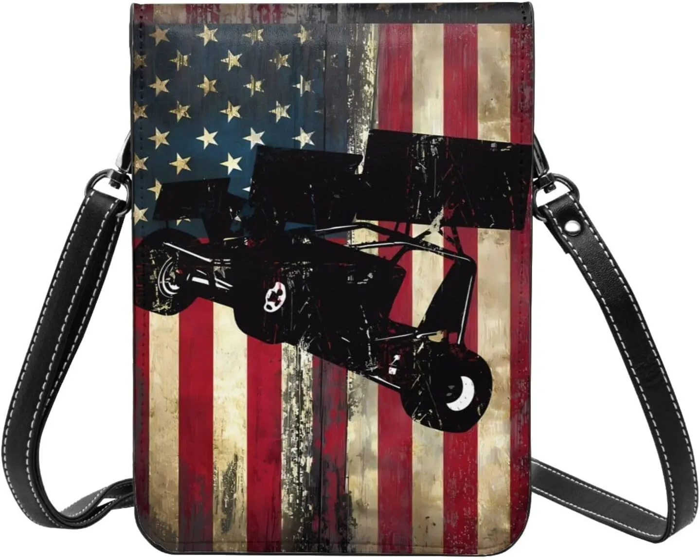 Dirt Track Racing American Flag Leather Crossbody Phone Purse for Women Cute Wallet Bags Lightweight Mini Sling Bag