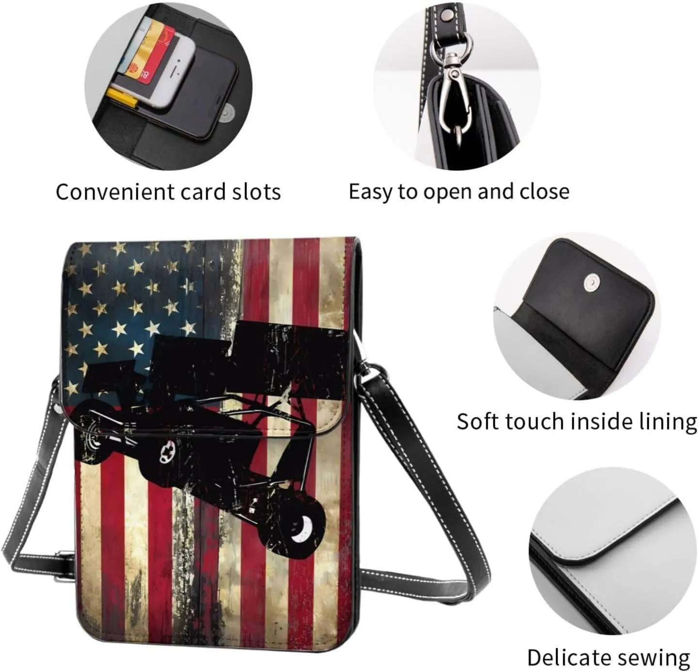 Dirt Track Racing American Flag Leather Crossbody Phone Purse for Women Cute Wallet Bags Lightweight Mini Sling Bag