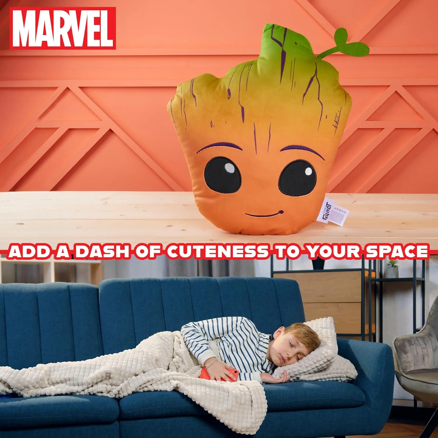 Disney 3D Plush Pillow Cushions for Bed Kids Throw Pillows Bedroom Accessories Travel Nursery Soft Feel Decorative Cushion Stitch Gifts for Kids (Orange Groot, L14.56 x W12.2)