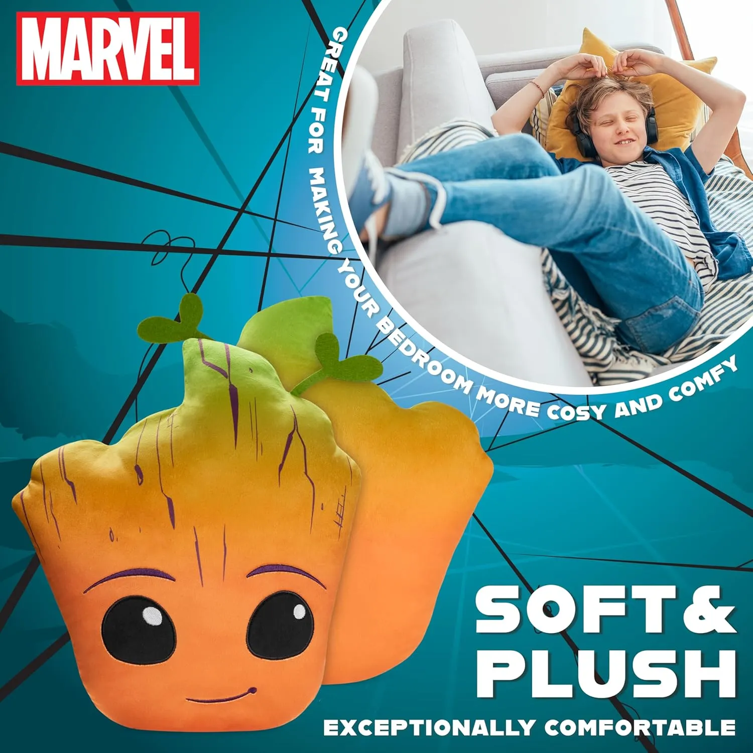 Disney 3D Plush Pillow Cushions for Bed Kids Throw Pillows Bedroom Accessories Travel Nursery Soft Feel Decorative Cushion Stitch Gifts for Kids (Orange Groot, L14.56 x W12.2)