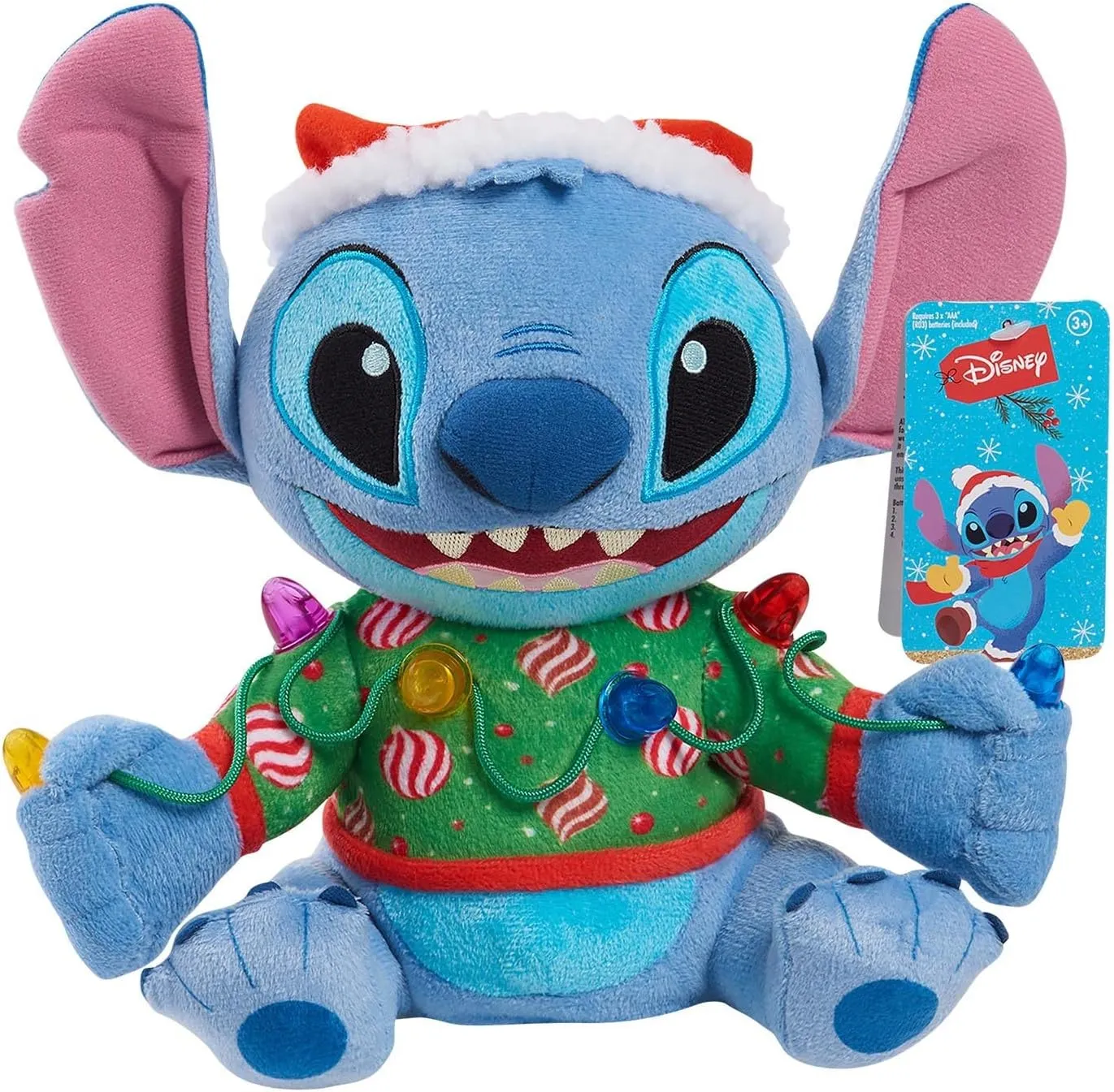 Disney Holiday Lights Stitch 9-inch Feature Plush Stuffed Animal with Lights and Sounds, Officially Licensed Kids Toys for Ages 3 Up by Just Play