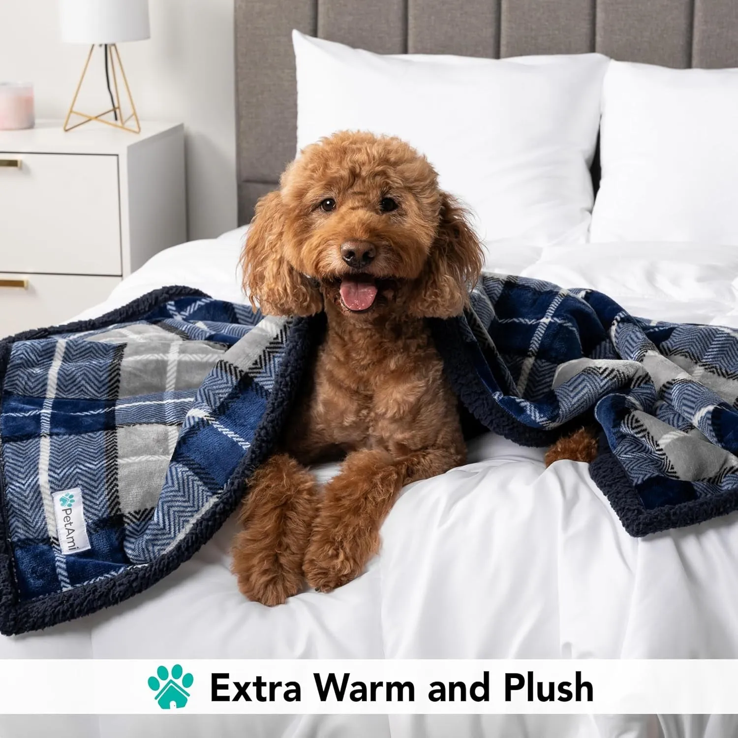 Dog Blanket for Bed, XL Pet Blanket Large Dogs, Fleece Furniture Couch Cover Protector Sofa Car Crate Kennel, Soft Sherpa Cat Throw Plush Reversible Washable, Twin 60X80 Plaid Navy Blue
