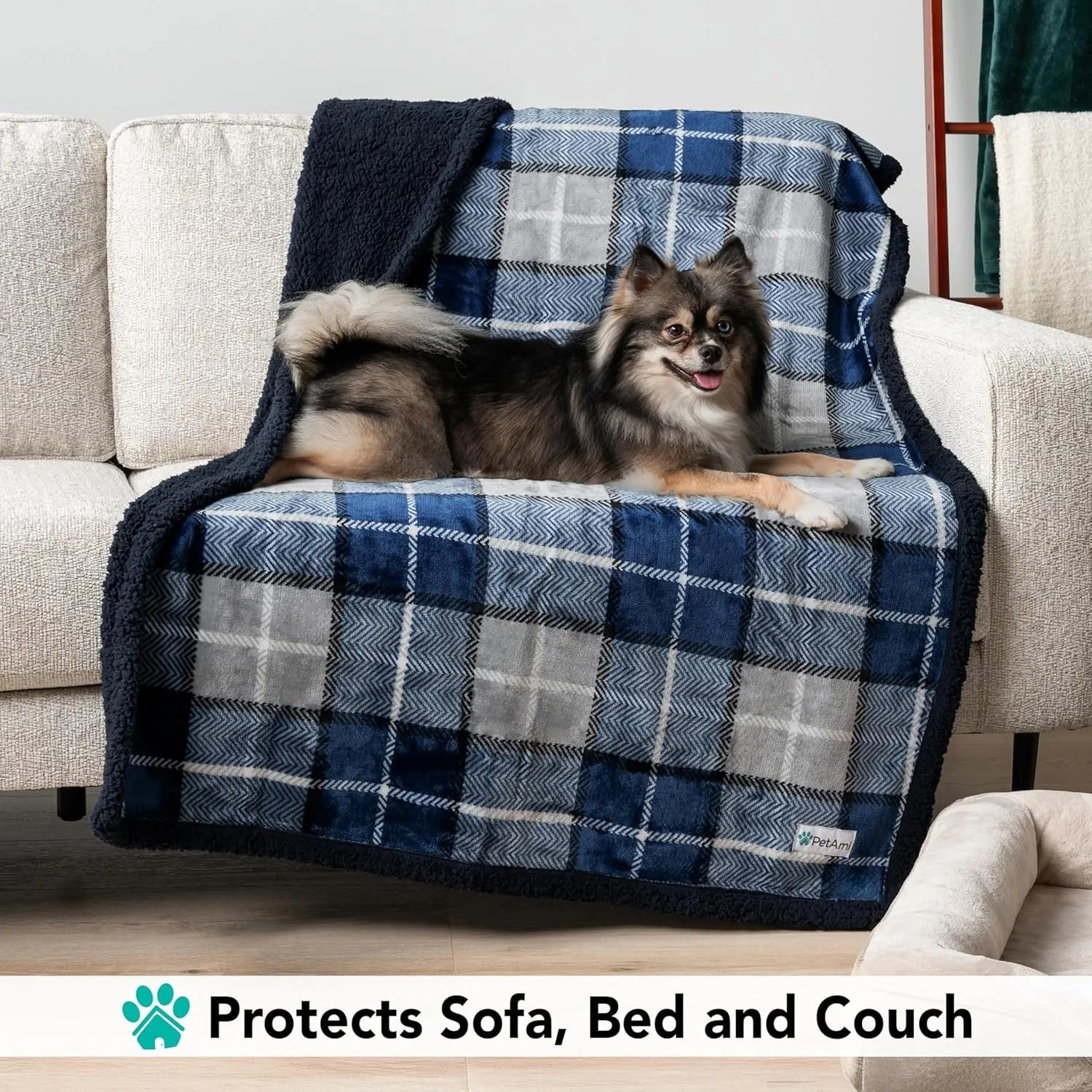 Dog Blanket for Bed, XL Pet Blanket Large Dogs, Fleece Furniture Couch Cover Protector Sofa Car Crate Kennel, Soft Sherpa Cat Throw Plush Reversible Washable, Twin 60X80 Plaid Navy Blue