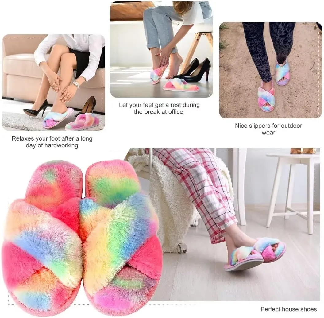 DOIOWN Women's Fuzzy Slippers Memory Foam Cute House Slippers Plush Fluffy Furry Open Toe Home Shoes Bridal Bridesmaid Gifts for Wedding