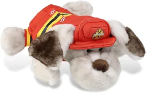 DolliBu Lying Dog Firefighter Stuffed Animal with Name Personalization - Super Soft Dog Plush with Red Fireman Costume Outfit and Fireman Hat, Fire Fighter Doll Plush Toy for Kids - 14 Inch