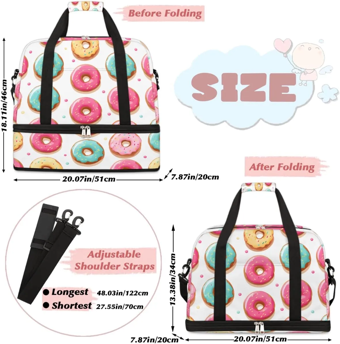 Donuts Foods Style Foldable Travel Duffel Bag Overnight Weekender Bag with Shoes Compartment Sports Gym Bag for Men Women