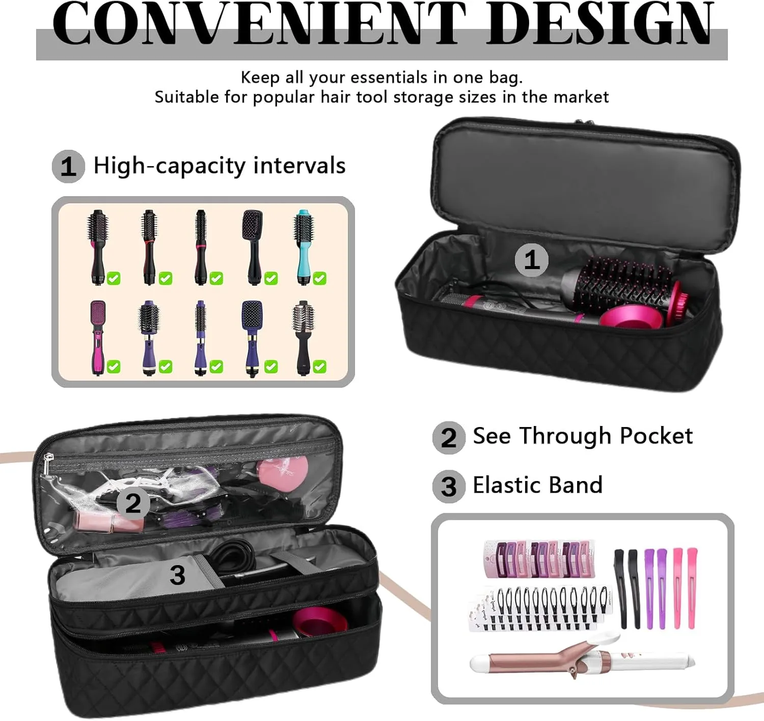 Double-Layer Travel Carrying Case Compatible with Revlon One-Step Hair Dryer Brush/Volumizer/Styler/Shark FlexStyle Attachment Portable Storage Organizer Bag Hair Tools Travel Bag