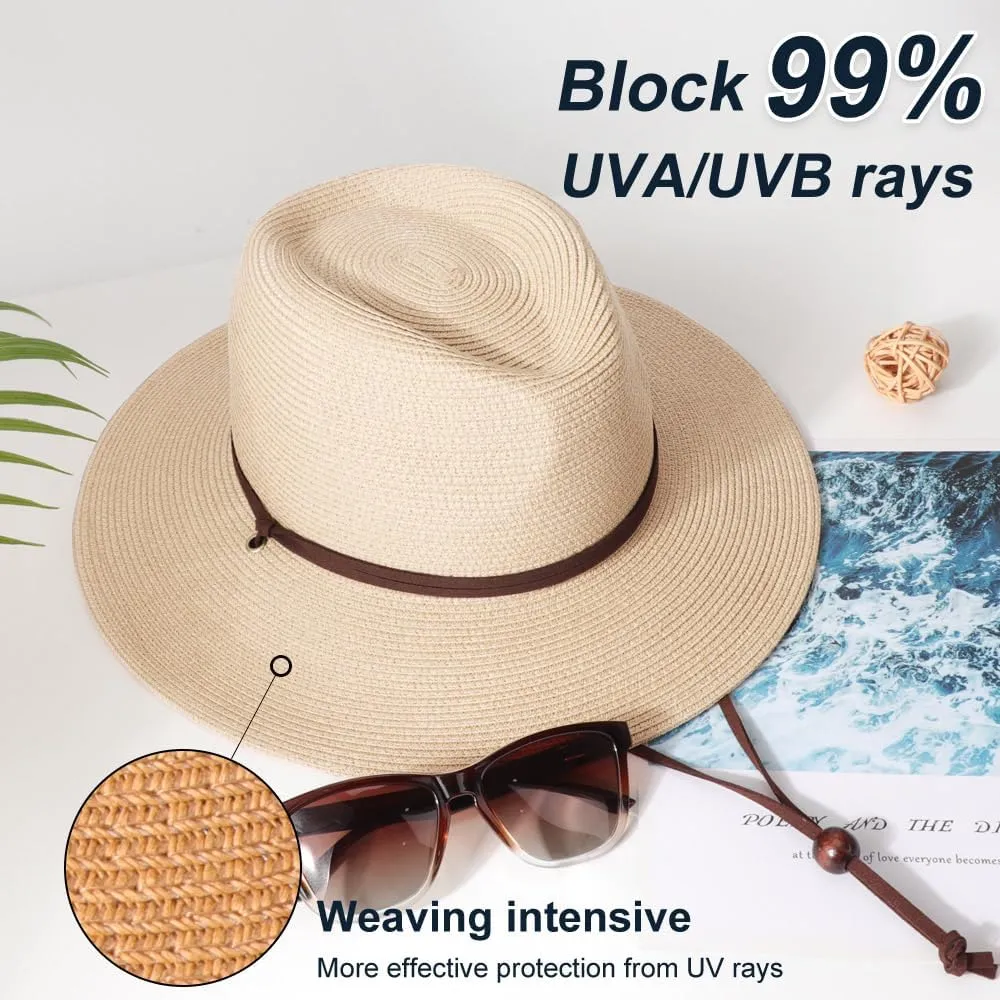 DRESHOW Women Straw Panama Hat Travel Fedora Beach Sun Hat Summer Wide Brim Straw Roll up Hat UPF 50 