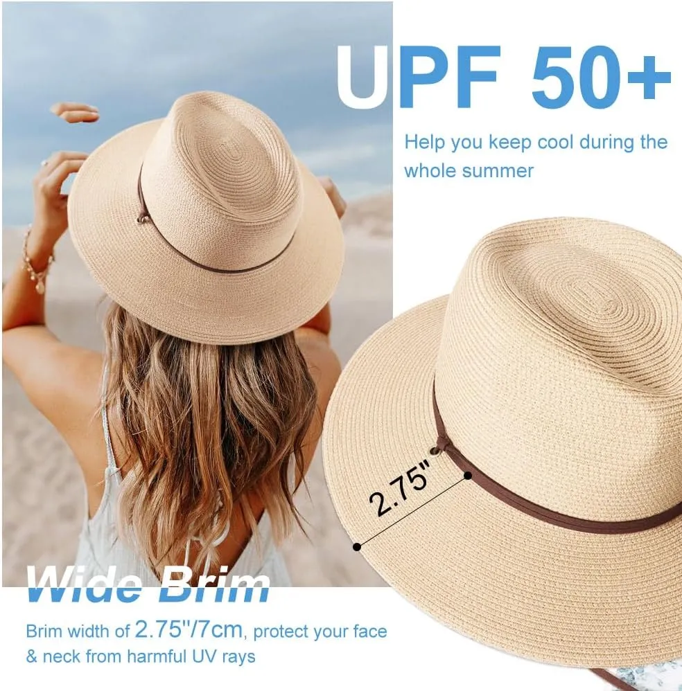 DRESHOW Women Straw Panama Hat Travel Fedora Beach Sun Hat Summer Wide Brim Straw Roll up Hat UPF 50 
