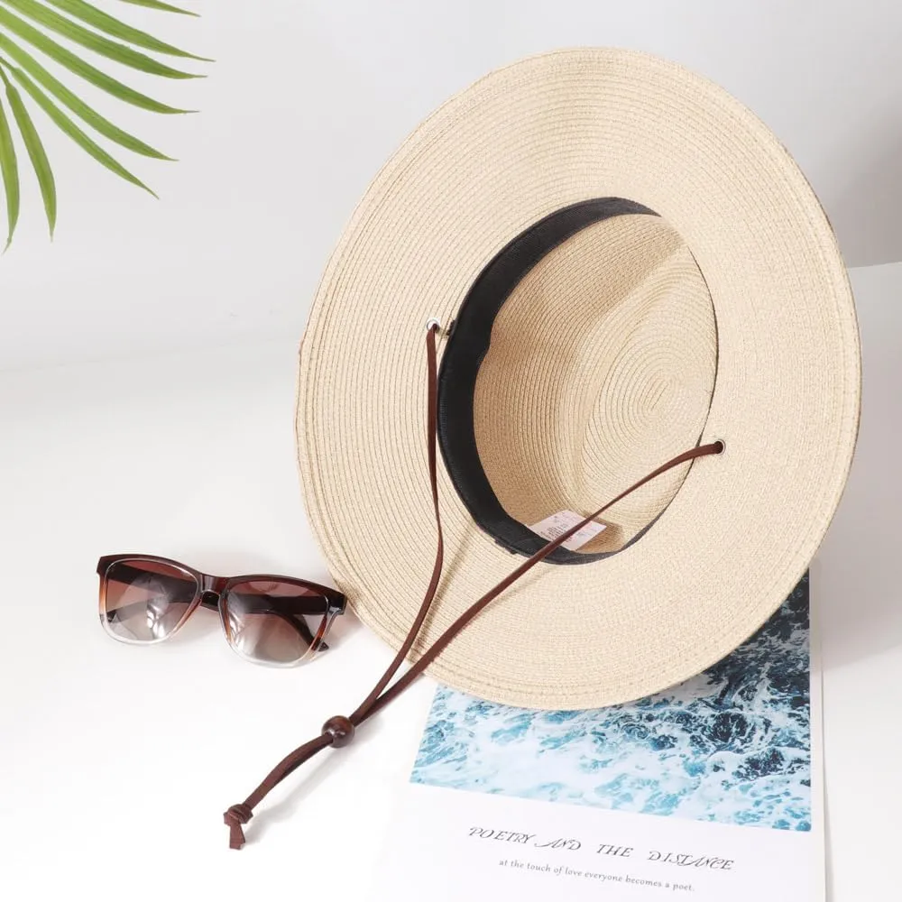 DRESHOW Women Straw Panama Hat Travel Fedora Beach Sun Hat Summer Wide Brim Straw Roll up Hat UPF 50 