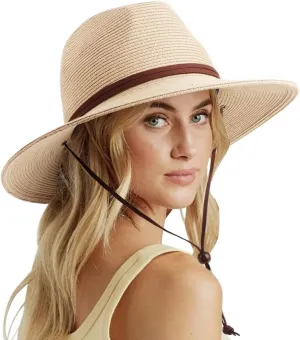 DRESHOW Women Straw Panama Hat Travel Fedora Beach Sun Hat Summer Wide Brim Straw Roll up Hat UPF 50 