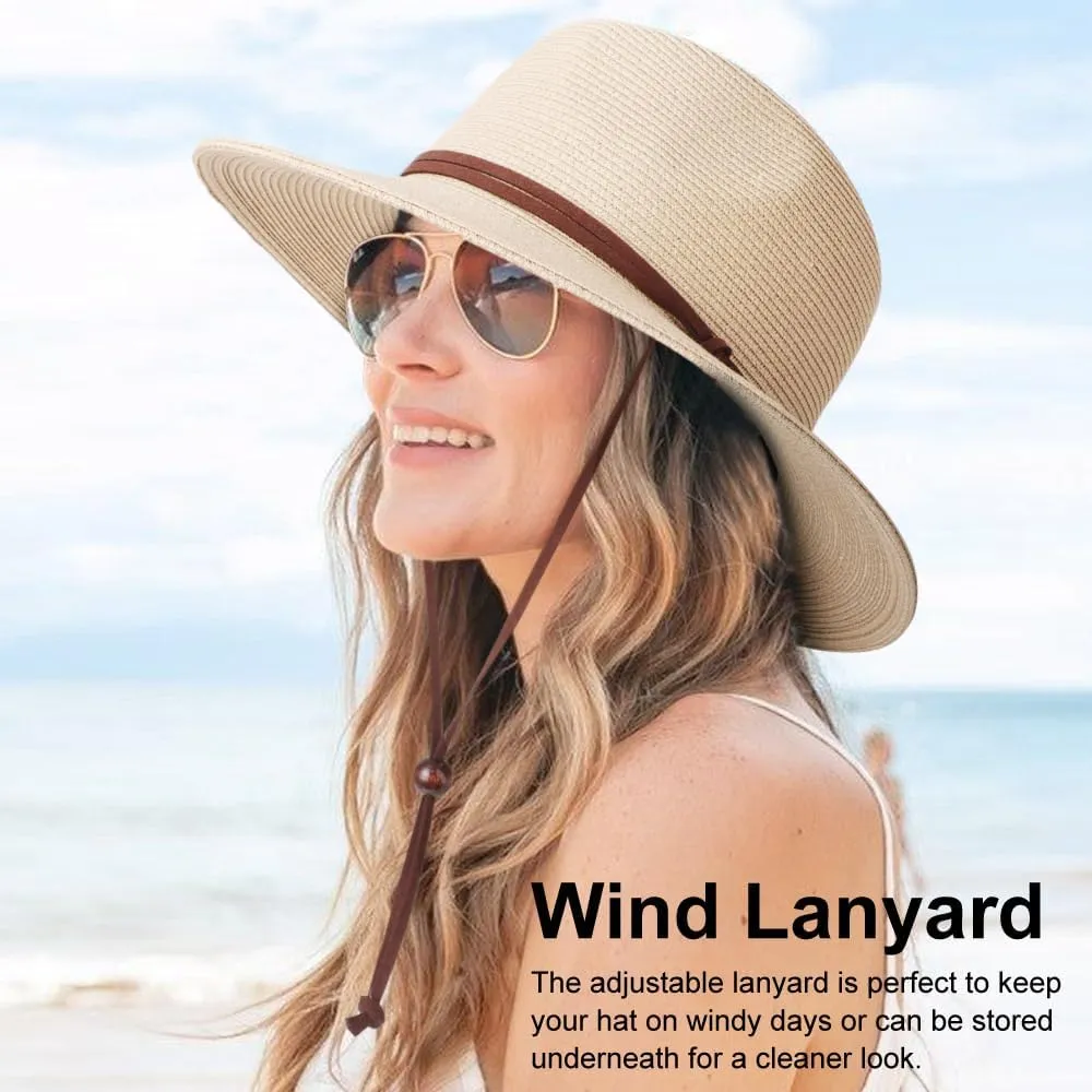 DRESHOW Women Straw Panama Hat Travel Fedora Beach Sun Hat Summer Wide Brim Straw Roll up Hat UPF 50 