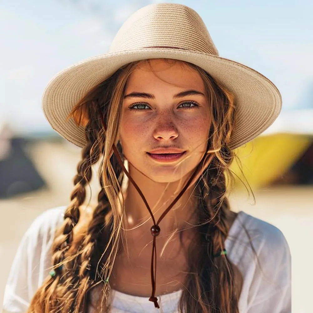 DRESHOW Women Straw Panama Hat Travel Fedora Beach Sun Hat Summer Wide Brim Straw Roll up Hat UPF 50 