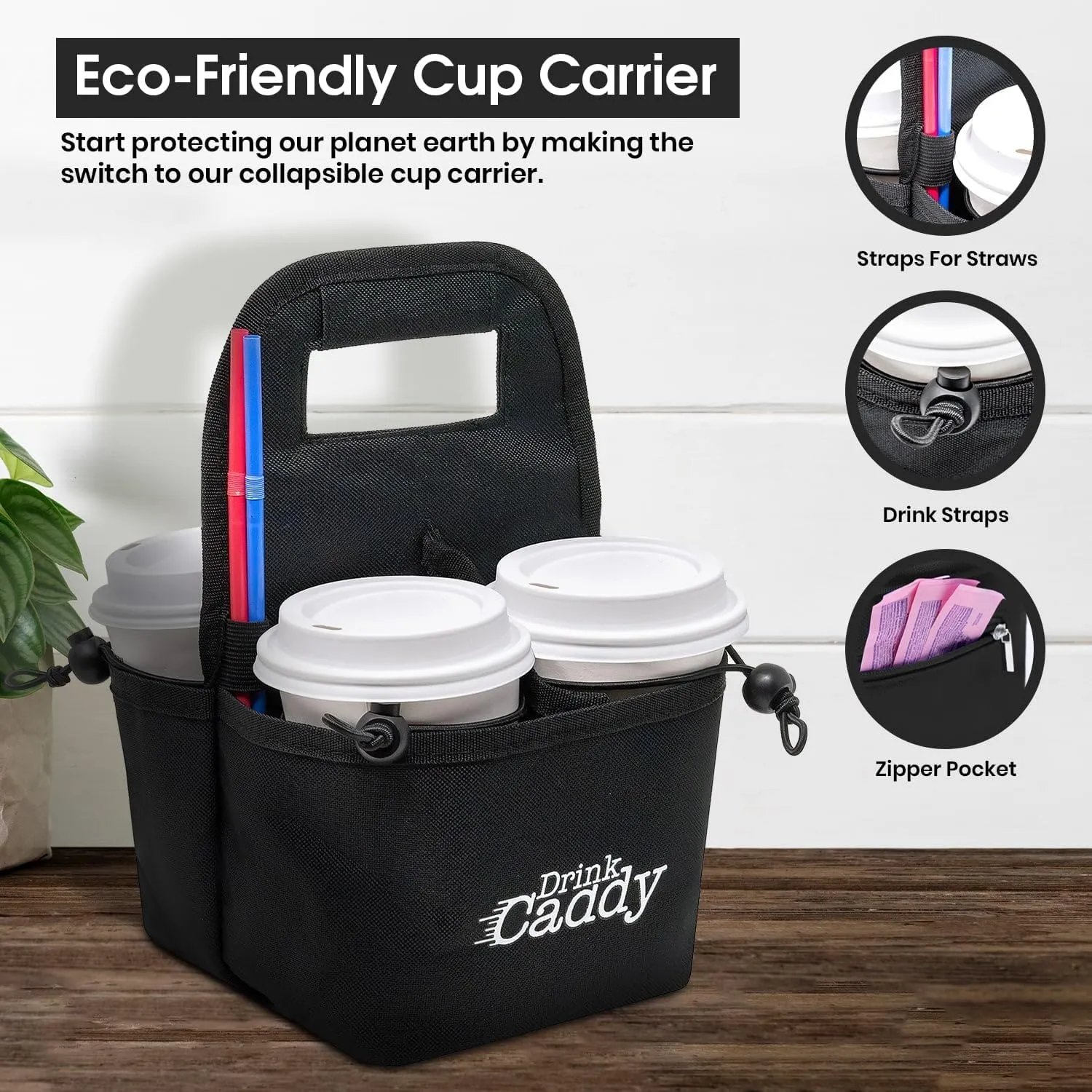 Drink Caddy Portable Drink Carrier and Reusable Coffee Cup Holder - 4 Cup Collapsible Tote Bag with Organizer Pockets Safely Secures Hot and Cold Beverages - Perfect for Food Delivery and Take Out
