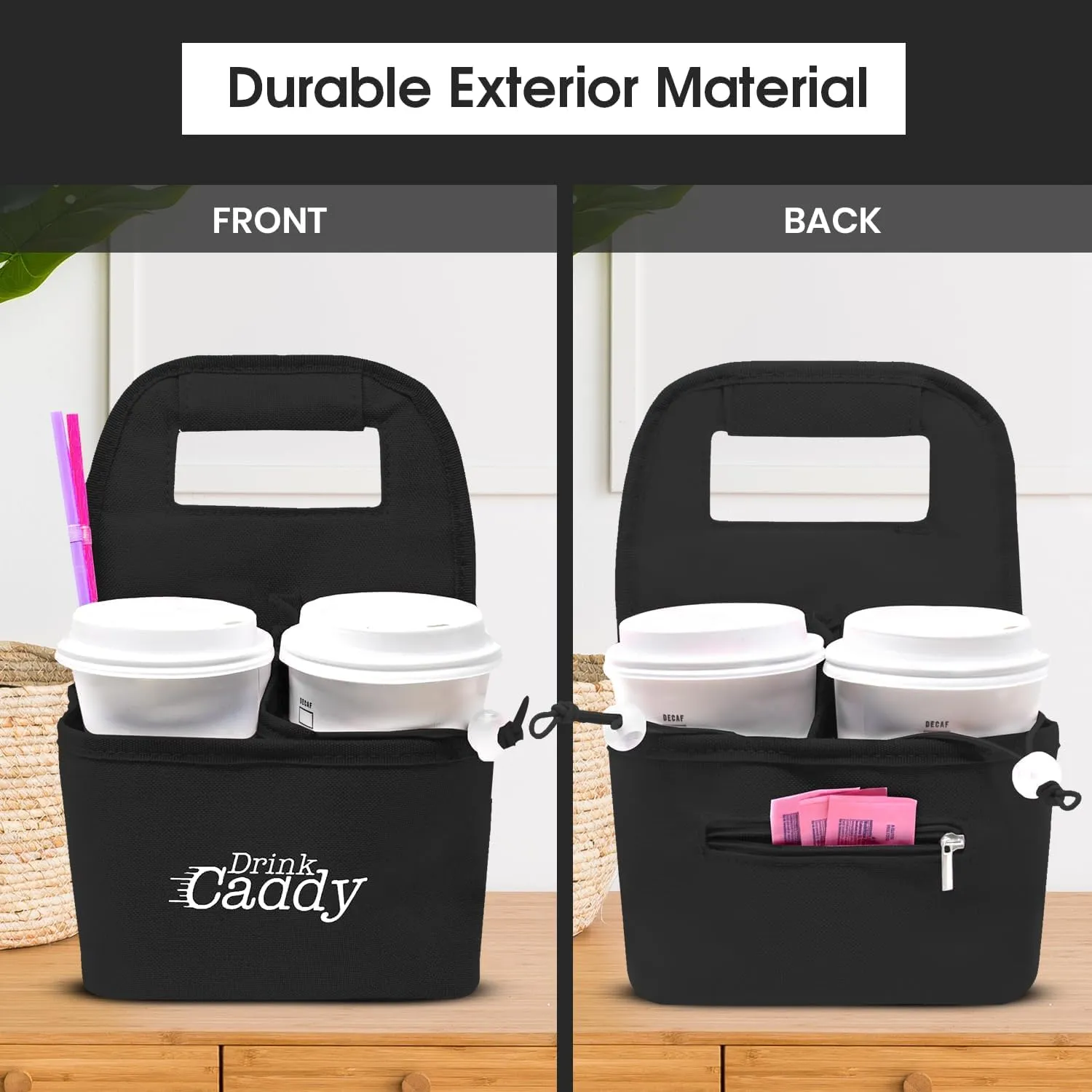 Drink Caddy Portable Drink Carrier and Reusable Coffee Cup Holder - 4 Cup Collapsible Tote Bag with Organizer Pockets Safely Secures Hot and Cold Beverages - Perfect for Food Delivery and Take Out