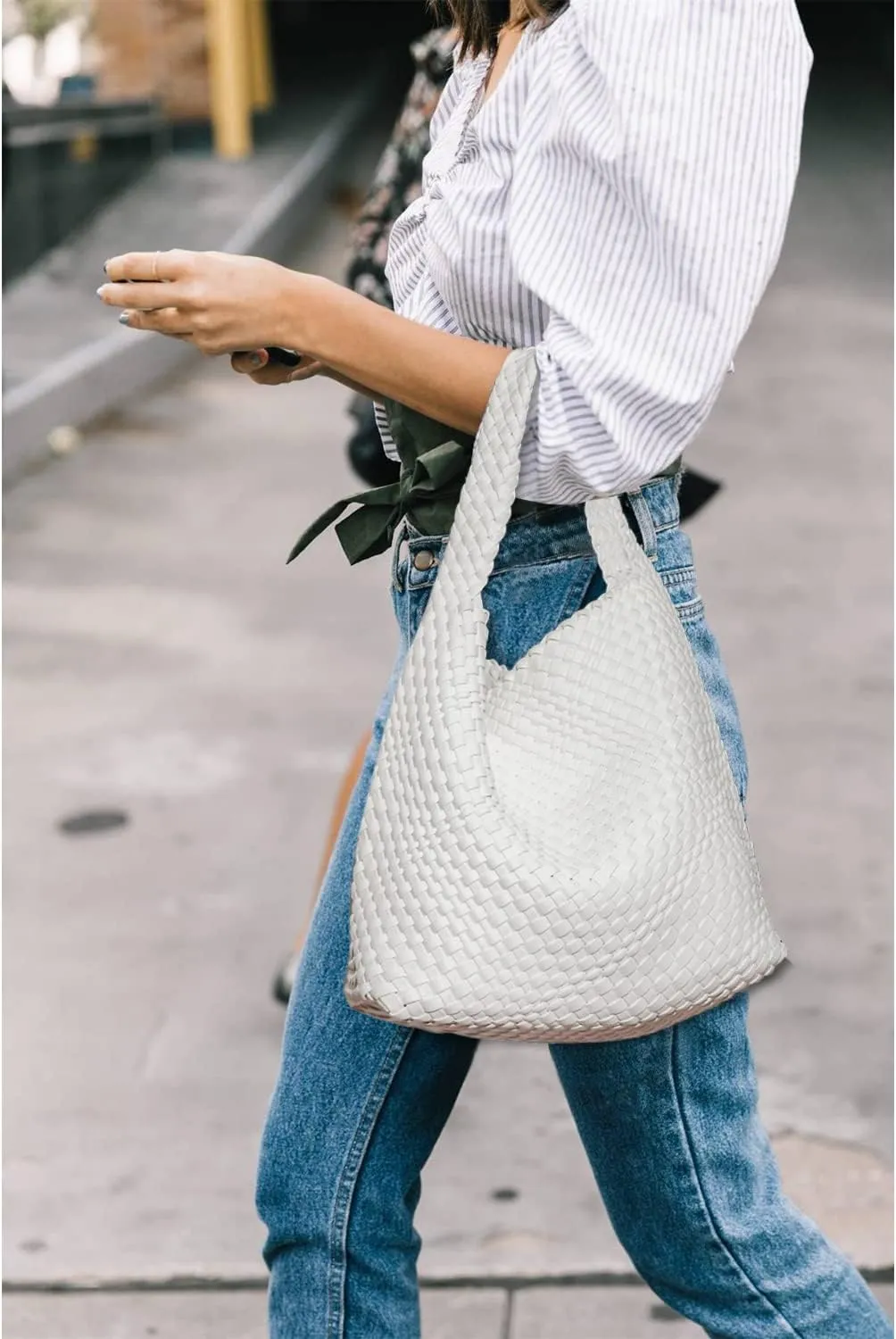 Dyalsa Woven Bag for Women, Vegan Leather Tote Bag Large Summer Beach Handbag Purse Retro Handmade Travel Shoulder Bag Set