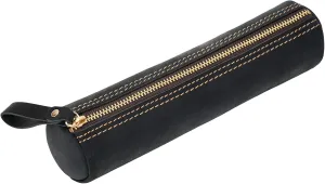 ECHSRT Small Pencil Pouch-Genuine Full-Grain Leather Pencil Case for Men- Vintage Leather Pouch for Adults-Stationery Organizer Bag for Work & Travel-Cylindrical-Black