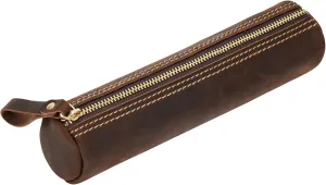 ECHSRT Small Pencil Pouch-Genuine Full-Grain Leather Pencil Case for Men- Vintage Leather Pouch for Adults-Stationery Organizer Bag for Work & Travel-Cylindrical-Coffee