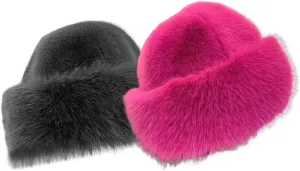 Eforcase 2PCS Women Winter Fuzzy Bucket Hat Warm Faux Fur Fluffy Hat Fisherman Cap Russian Cossack Style Hat for Cold Weather