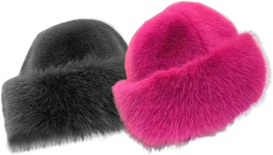 Eforcase 2PCS Women Winter Fuzzy Bucket Hat Warm Faux Fur Fluffy Hat Fisherman Cap Russian Cossack Style Hat for Cold Weather