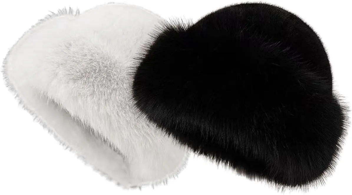 Eforcase 2PCS Women Winter Fuzzy Bucket Hat Warm Faux Fur Fluffy Hat Fisherman Cap Russian Cossack Style Hat for Cold Weather