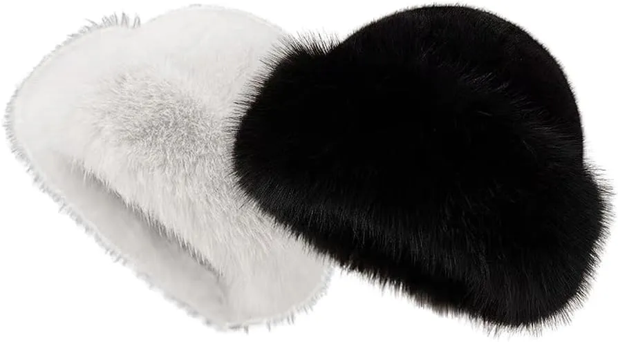 Eforcase 2PCS Women Winter Fuzzy Bucket Hat Warm Faux Fur Fluffy Hat Fisherman Cap Russian Cossack Style Hat for Cold Weather