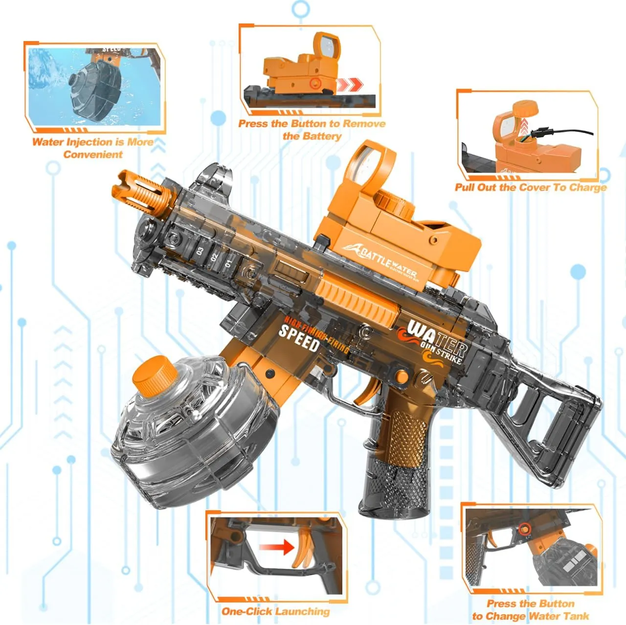 Electric Water Gun for Adults Kids Automatic Squirt Water Gun with Large Capacity High-Powered Water Blaster Up to 33 FT Long Range Summer Outdoor Beach Pool Water Fighting Toy for Boys Girls Orange