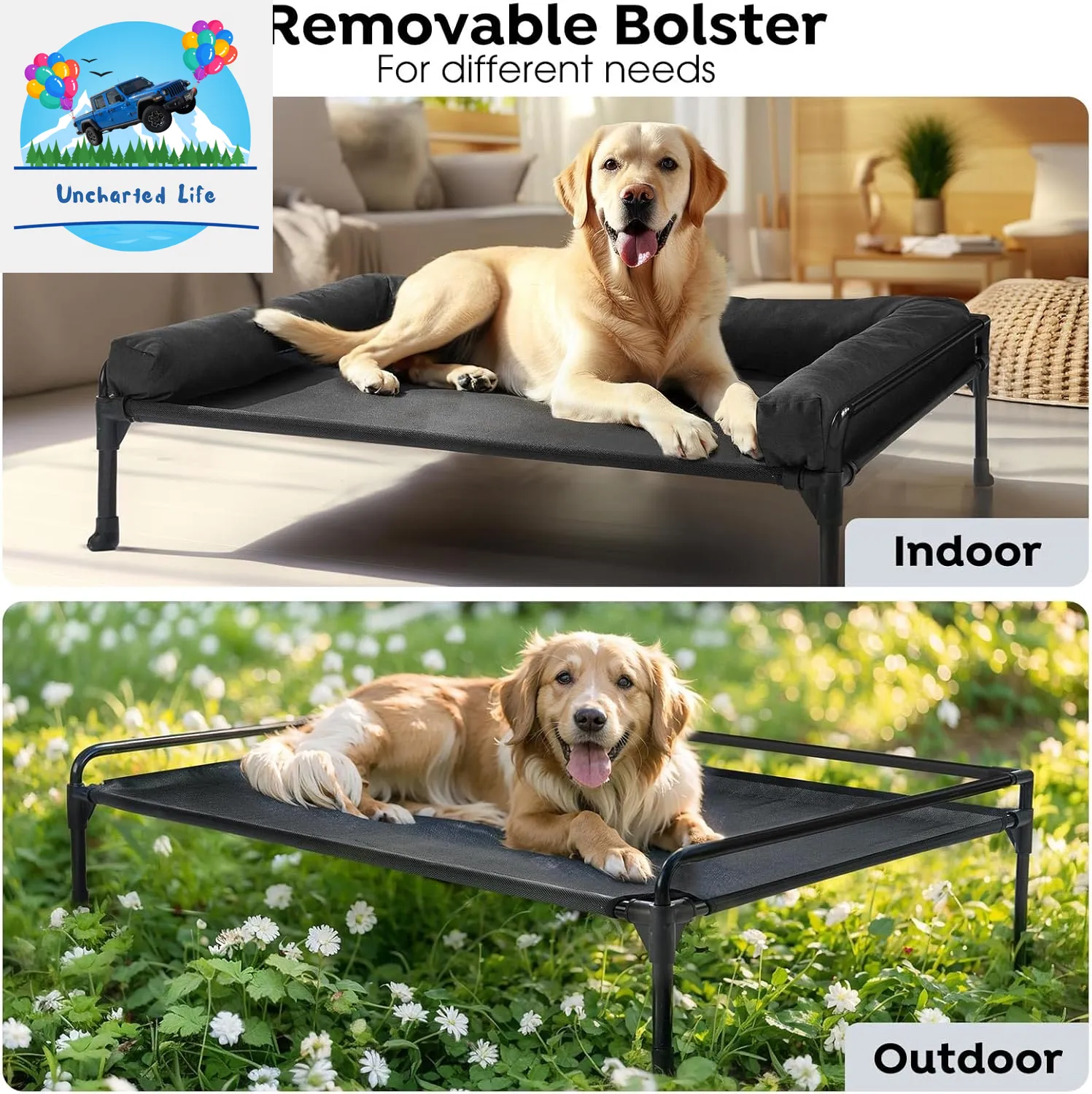 Elevated Dog Cot with Bolster – Cooling Outdoor Bed for Large Dogs