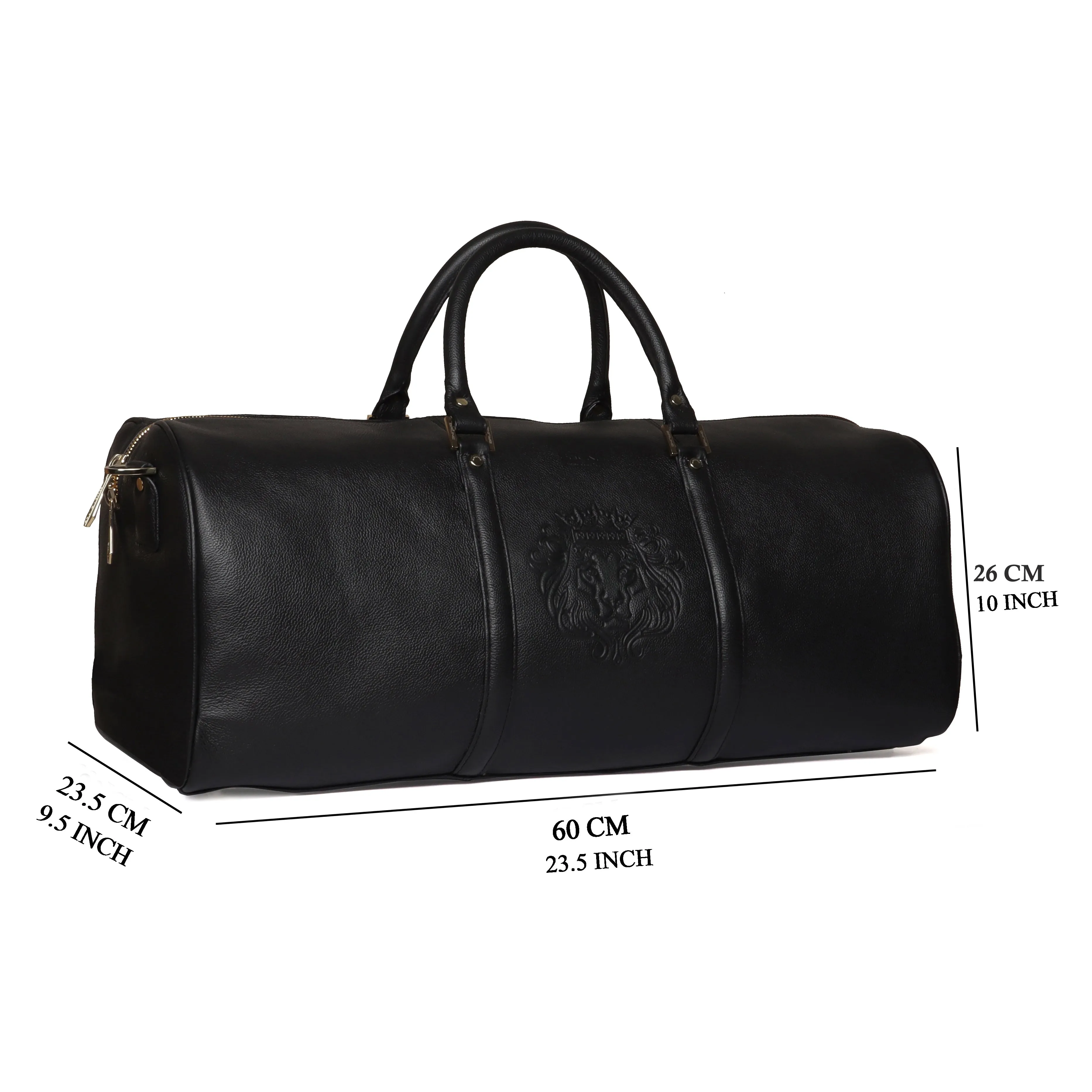 Embossed Lion Unisex Black Textured Leather Duffle Bag With Bag Tag By Brune & Bareskin