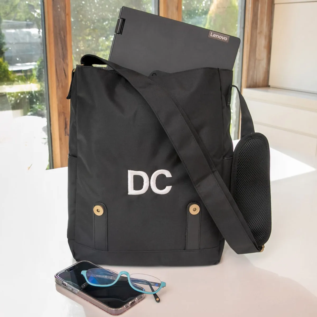 Embroidered 15" Laptop Crossbody Messenger Bag - Black