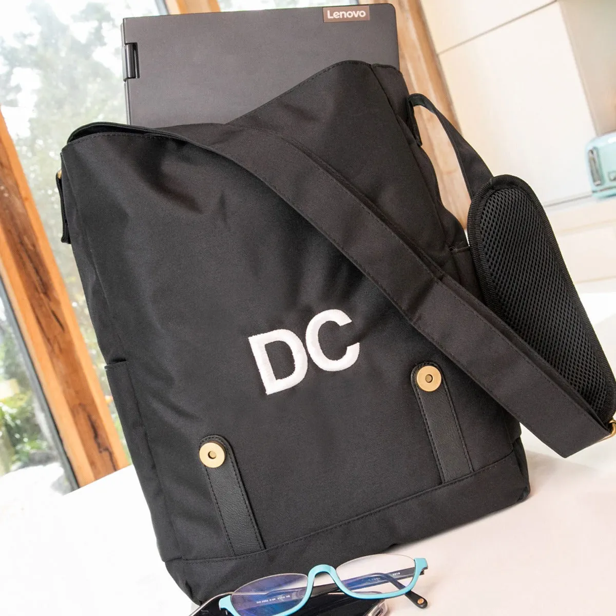 Embroidered 15" Laptop Crossbody Messenger Bag - Black