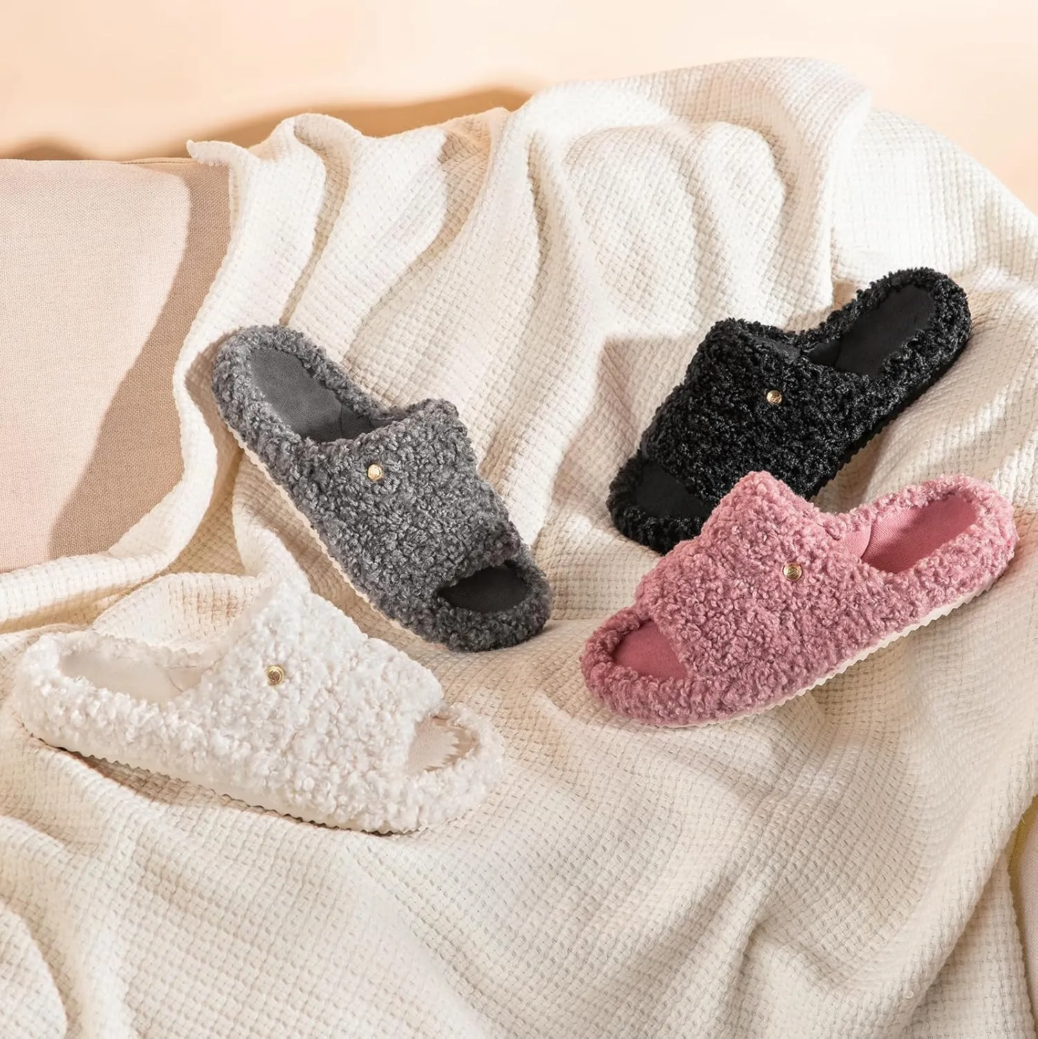 EverFoams Women's Fashionable Open-toe Slippers with Cozy Plush Non-Slip Sole