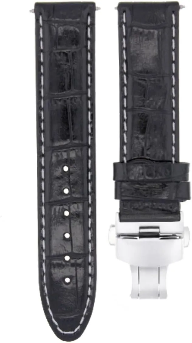 Ewatchparts 20mm Premium Leather Watch Band Strap Clasp Compatible With Tag Carrera Monaco F1 Black With White Stitching
