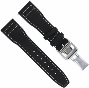 Ewatchparts 21mm Leather Watch Band Strap Compatible With IWC Portuguese Pilot Shiny Clasp Black With White Stitching