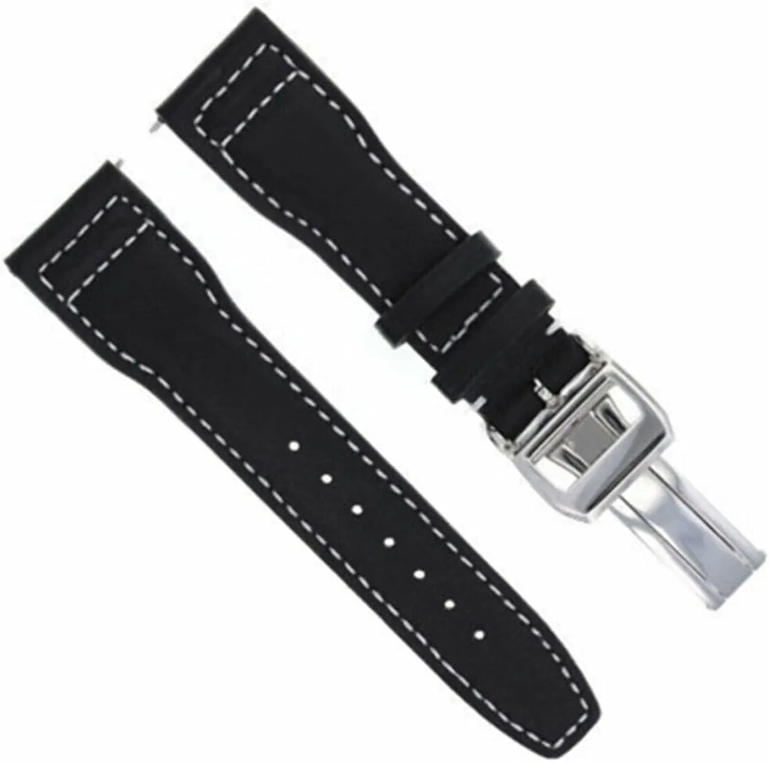 Ewatchparts 21mm Leather Watch Band Strap Compatible With IWC Portuguese Pilot Shiny Clasp Black With White Stitching