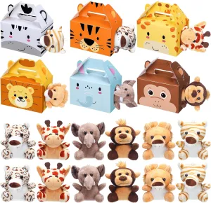 Fainne 12 Pcs Jungle Themed Favors Boxes with 12 Pcs Mini Plush Set Jungle Treat Boxes Foldable Gift Boxes Jungle Theme Stuffed Animal for Birthday Party Supplies Decoration