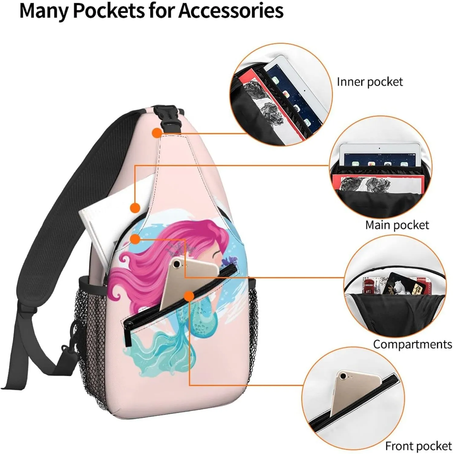 Famame Mermaid Girl Sling Backpack Chest Bag Crossbody Shoulder Bag Gym Cycling Travel Hiking Daypack For Men Women