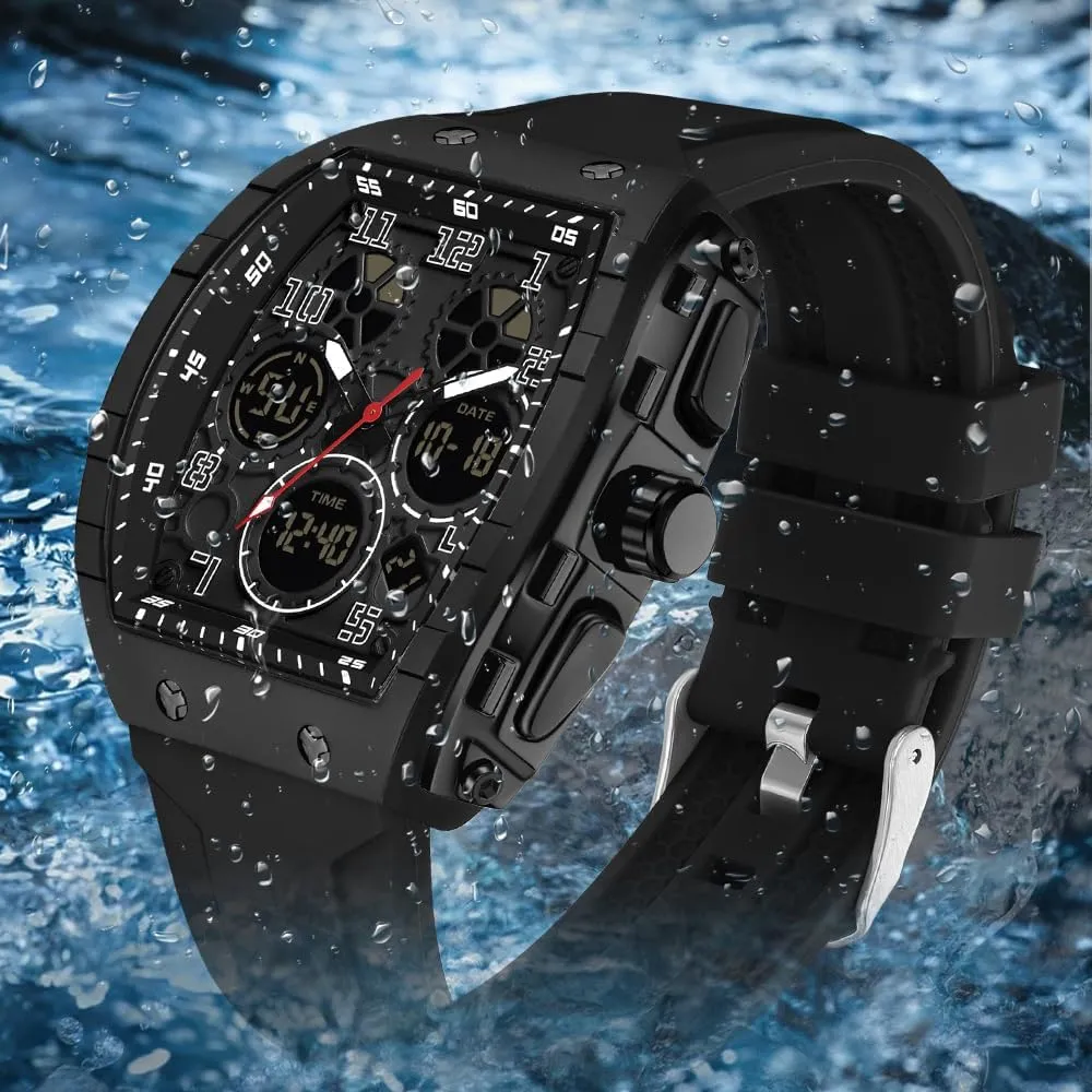 FANMIS Watch for Men Fashion Hollow Unique Rectangle Dial Wristwatch Waterproof Sport Digital Analog Dual Time Display Stopwatch Punk Cool Design Silicon Strap Dress Watch