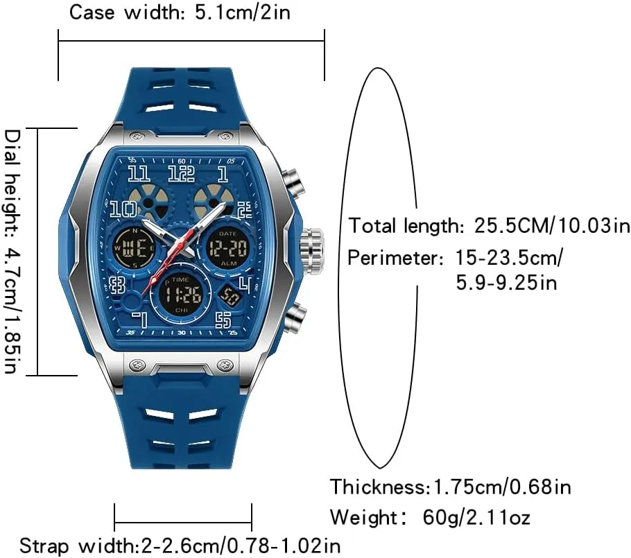 FANMIS Watch for Men Fashion Hollow Unique Rectangle Dial Wristwatch Waterproof Sport Digital Analog Dual Time Display Stopwatch Punk Cool Design Silicon Strap Dress Watch