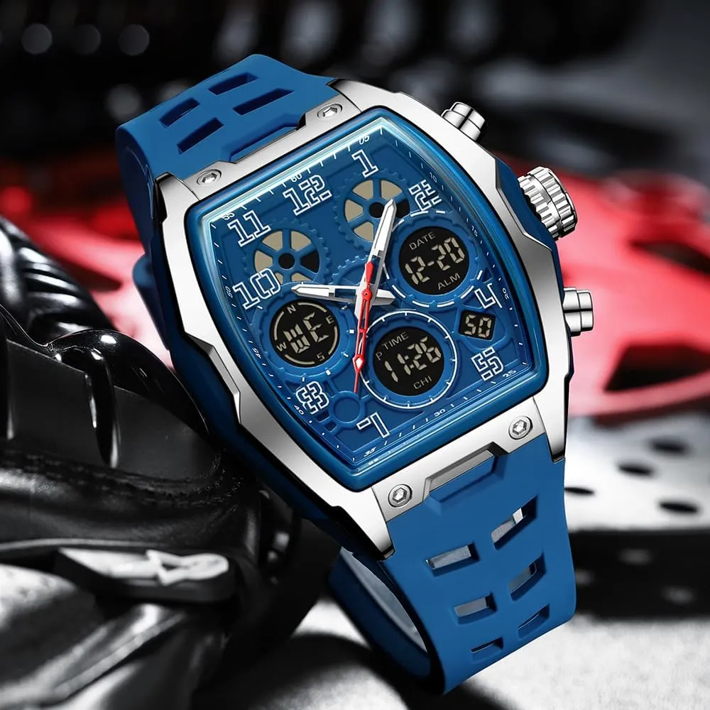 FANMIS Watch for Men Fashion Hollow Unique Rectangle Dial Wristwatch Waterproof Sport Digital Analog Dual Time Display Stopwatch Punk Cool Design Silicon Strap Dress Watch