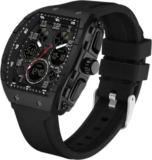 FANMIS Watch for Men Fashion Hollow Unique Rectangle Dial Wristwatch Waterproof Sport Digital Analog Dual Time Display Stopwatch Punk Cool Design Silicon Strap Dress Watch
