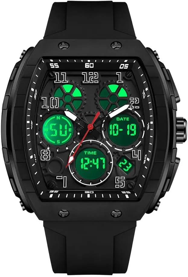 FANMIS Watch for Men Fashion Hollow Unique Rectangle Dial Wristwatch Waterproof Sport Digital Analog Dual Time Display Stopwatch Punk Cool Design Silicon Strap Dress Watch